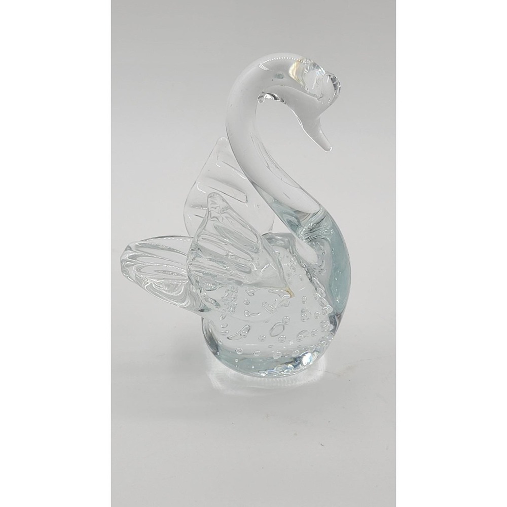 Vintage Clear‎ Hand Blown Bullicante Glass Swan Figurine 3.5" Tall Open Wings